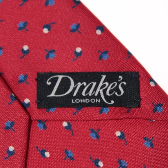 Drake's NWT Neck Tie in Red with Navy/Light Blue & White Floral Print 100% Silk